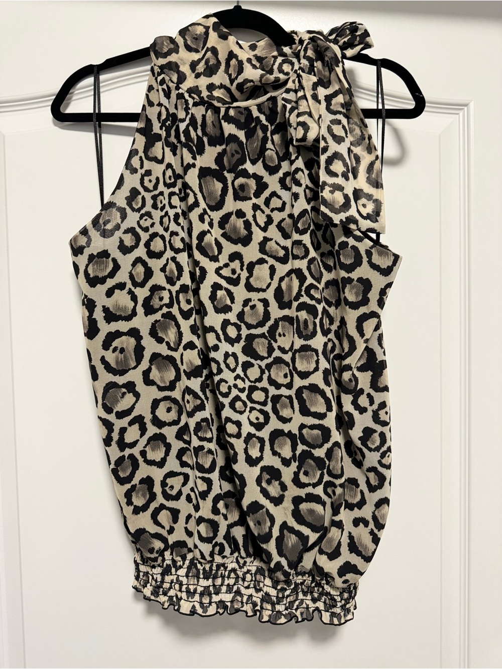 White House Black Market Leopard Print Halter Tie Neck Blouse Top XL Smocked Hem